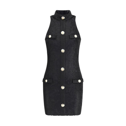 Balmain Black Viscose Cocktail Dress with baroque pattern and gold embossed buttons, featuring a slim fit and American collar for AW25.