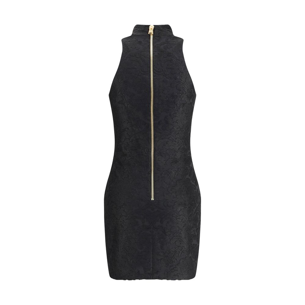 Balmain Black Viscose Cocktail Dress with American collar, gold buttons, baroque pattern, and back zipper closure, AW25 collection.