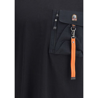 Close-up of Parajumpers Black Cotton T-Shirt with logo-adorned front pocket and orange strap detail.
