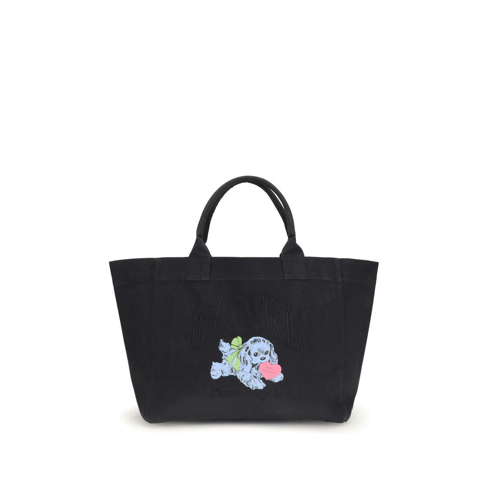 Ganni Black Recycled Cotton Shoulder Bag with puppy print, featuring top handles and embroidered logo, season AW25.