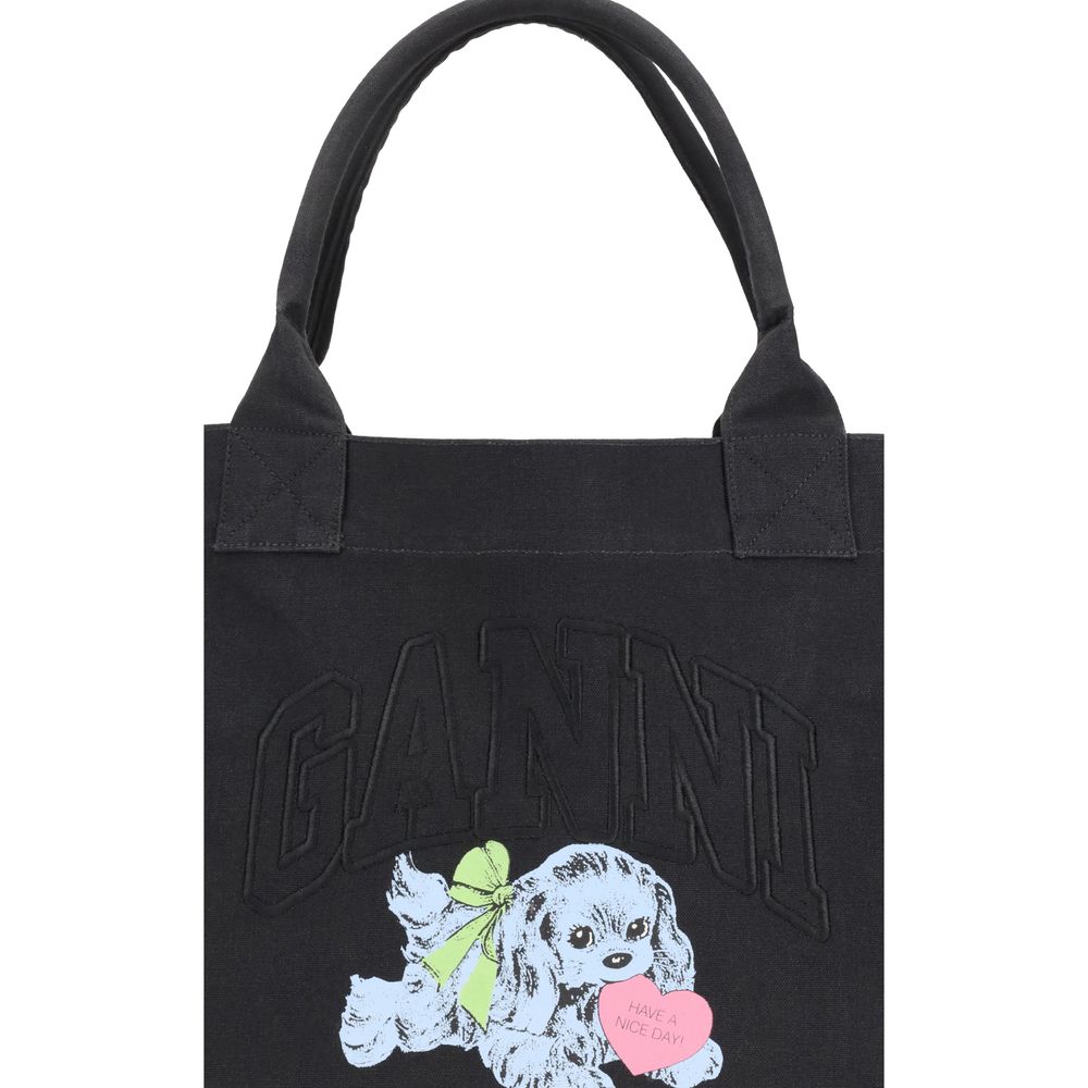 Ganni Black Recycled Cotton Shoulder Bag with puppy print and embroidered logo, featuring top handles and zippered pocket for convenience.