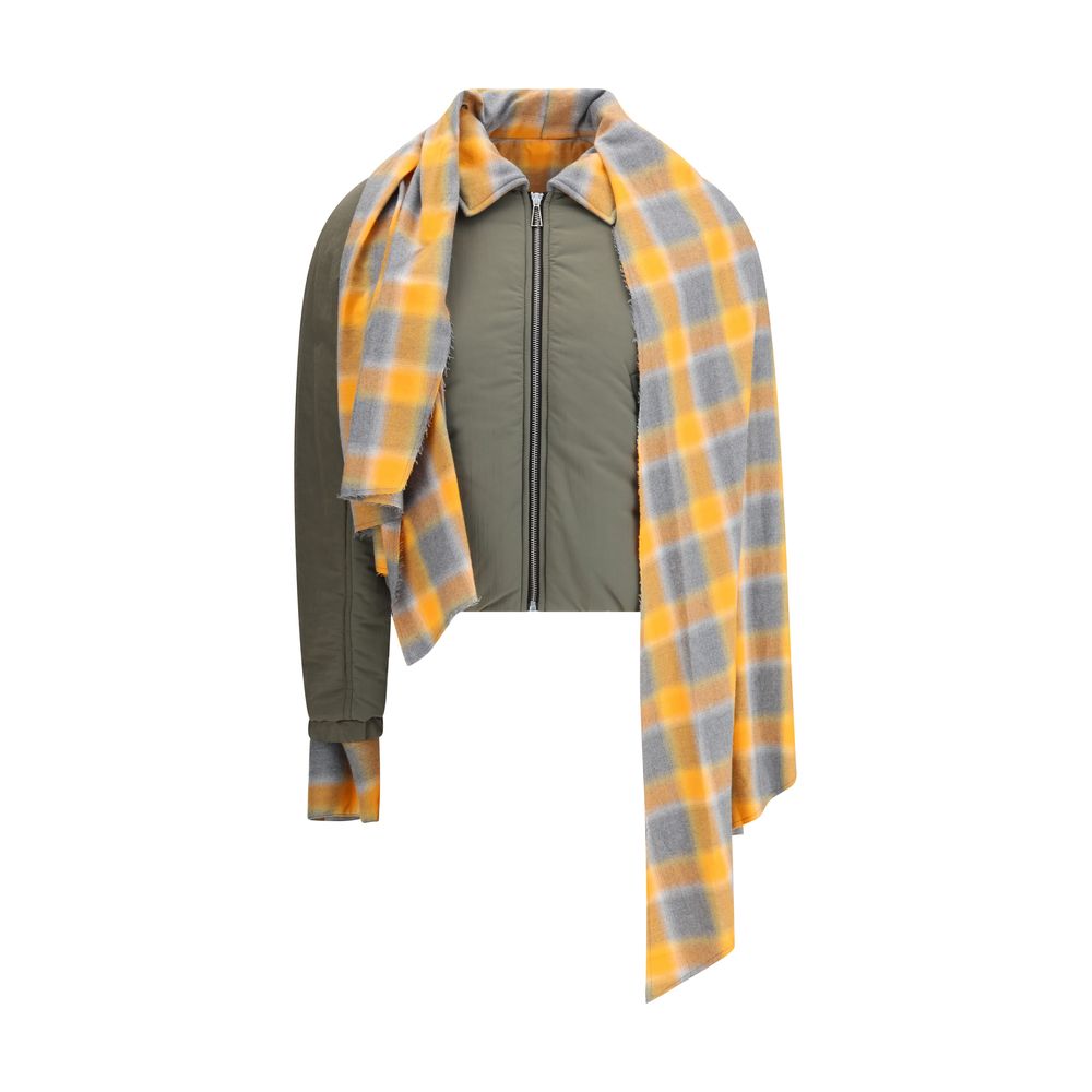 MARBELL Green Cotton Coat with plaid scarf, quilted maxi-puffer style featuring long sleeves and front zip. AW25 collection.