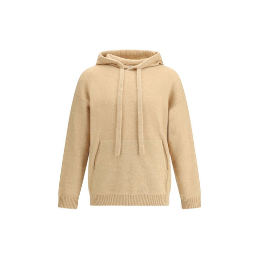 Laneus Beige Cashmere Hoodie with drawstring hood and pouch pocket, showcasing a relaxed, elegant design and ribbed hem and cuffs.