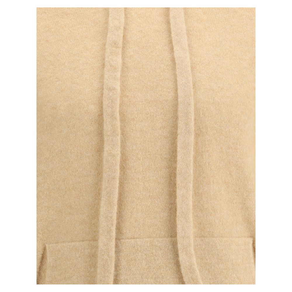 Close-up of Laneus Beige Cashmere Hoodie showing the soft cashmere fabric, adjustable drawstring hood, and pouch pocket.