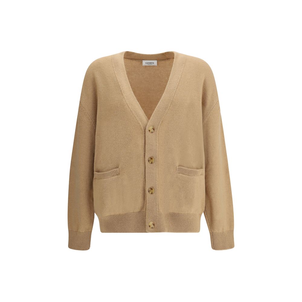 High-quality Laneus Beige Merino Wool Cardigan with deep V-neckline, front button closure, ribbed trim, and front welt pockets.