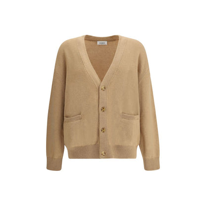 High-quality Laneus Beige Merino Wool Cardigan with deep V-neckline, front button closure, ribbed trim, and front welt pockets.