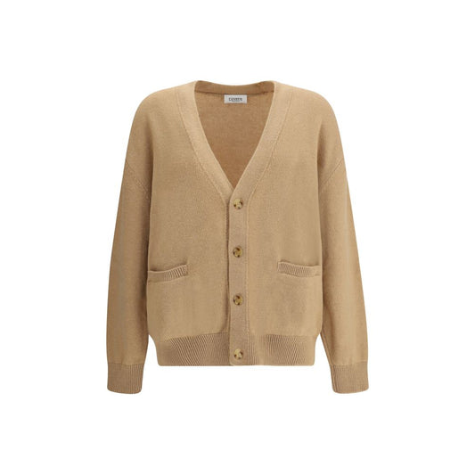 Laneus Beige Merino Wool Cardigan with V-neck and front button closure, featuring ribbed hem and cuffs with welt pockets