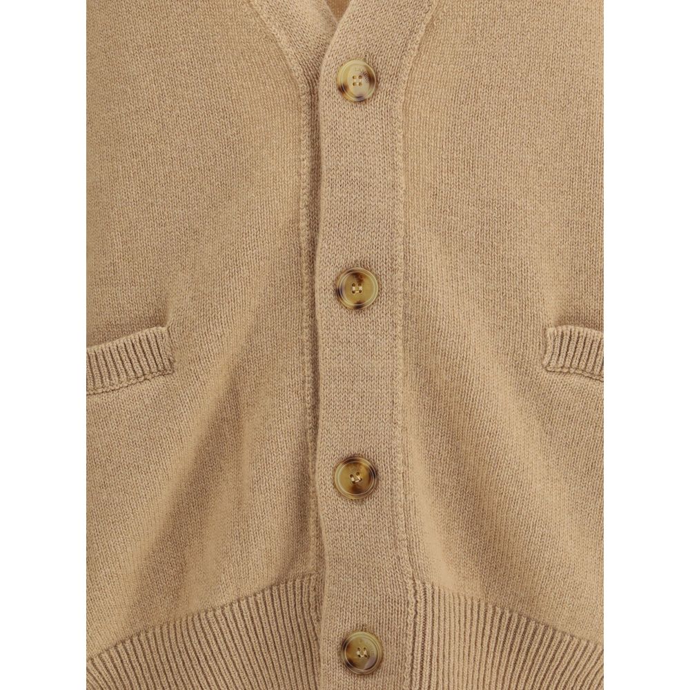 Laneus Beige Merino Wool Cardigan with buttons and pockets, showcasing ribbed trim and loose fit style.