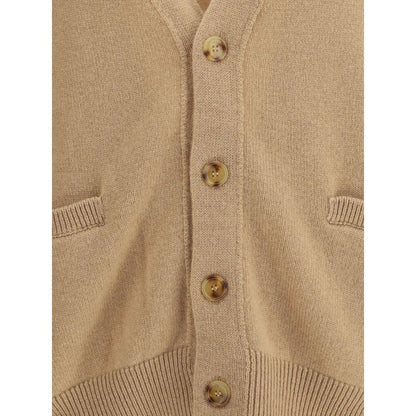 Laneus Beige Merino Wool Cardigan with buttons and pockets, showcasing ribbed trim and loose fit style.