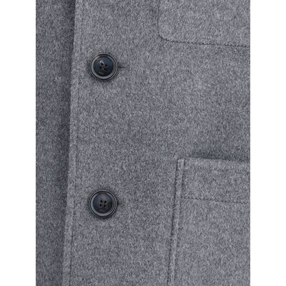 Close-up of the Ami Paris Gray Wool Coat showing buttons and patch pocket detail, made of 90% wool and 10% cashmere.