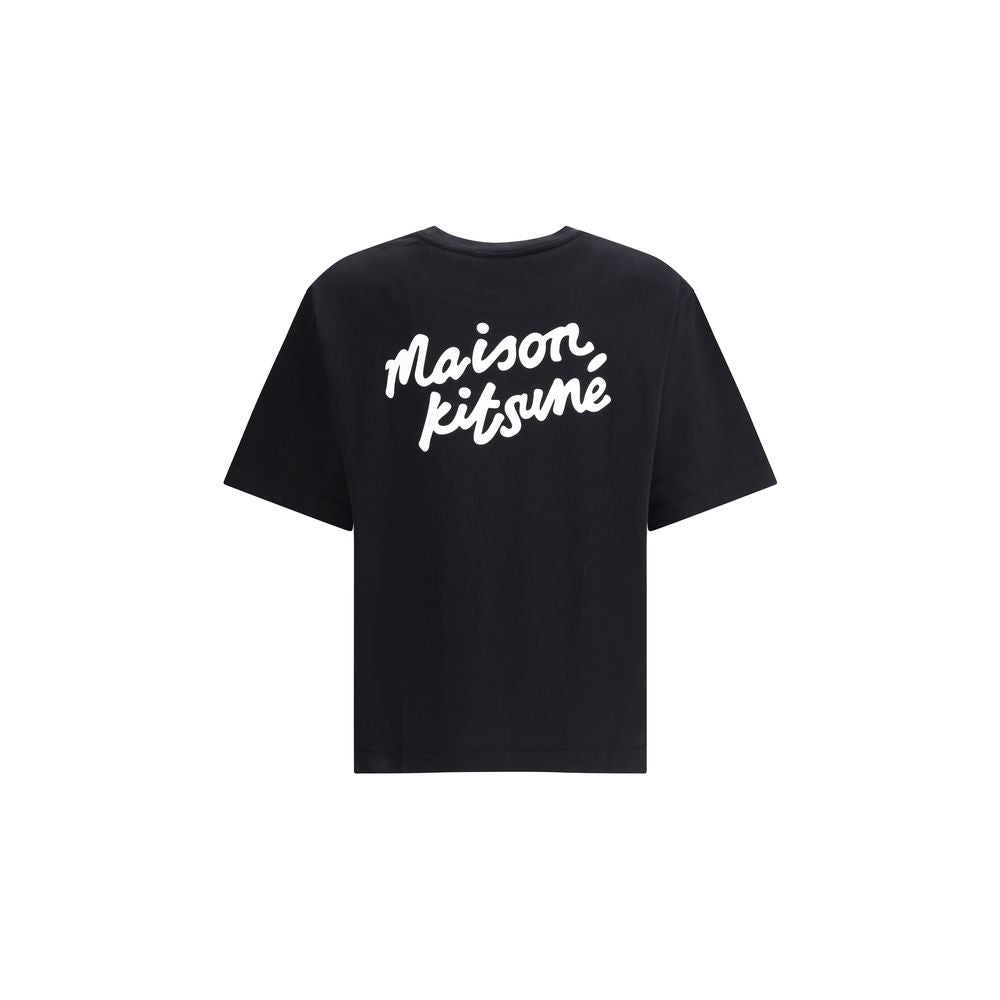 Maison Kitsuné Black Cotton T-Shirt with contrast logo on back, casual design, ribbed crew neck, versatile for everyday wear.