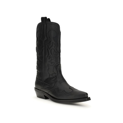 Ganni Black Recycled Leather Boots with embroidery and angled heel, mid-calf Western style for AW25.
