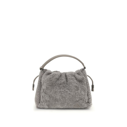 Brunello Cucinelli Gray Fur Shoulder Bag with leather strap and drawstring, featuring elegant shearling design and nickel-free details.