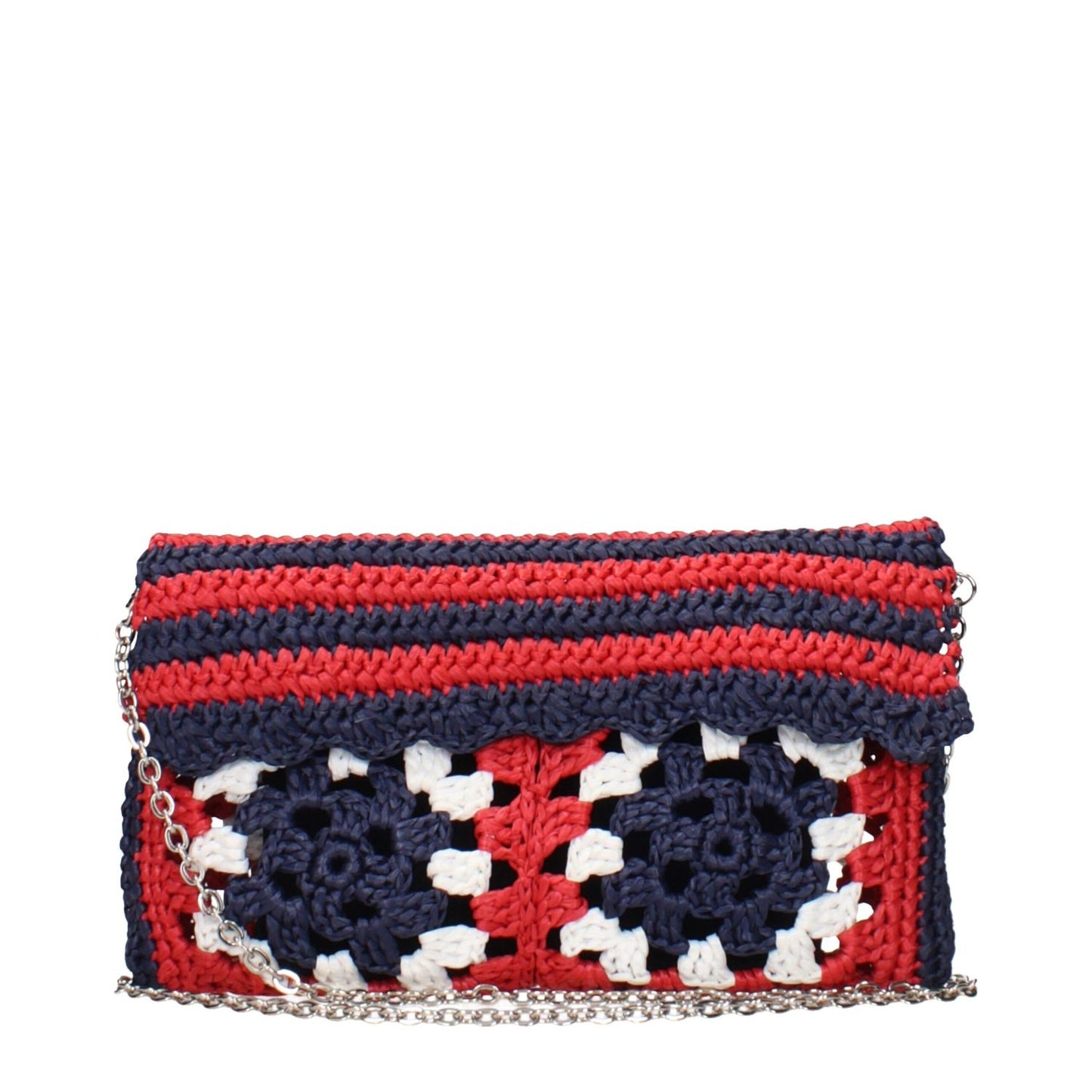 Miu Miu Multicolor Raffia Clutch Bag with chain, featuring a vibrant red, blue, and white design. Perfect for stylish occasions.