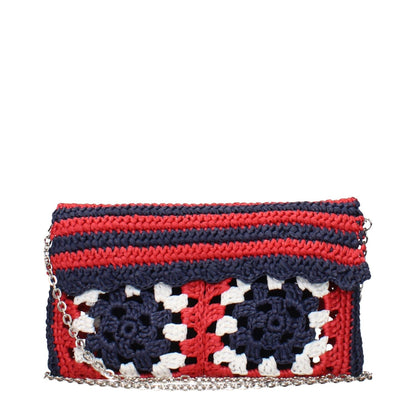 Miu Miu Multicolor Raffia Clutch Bag with chain, featuring a vibrant red, blue, and white design. Perfect for stylish occasions.