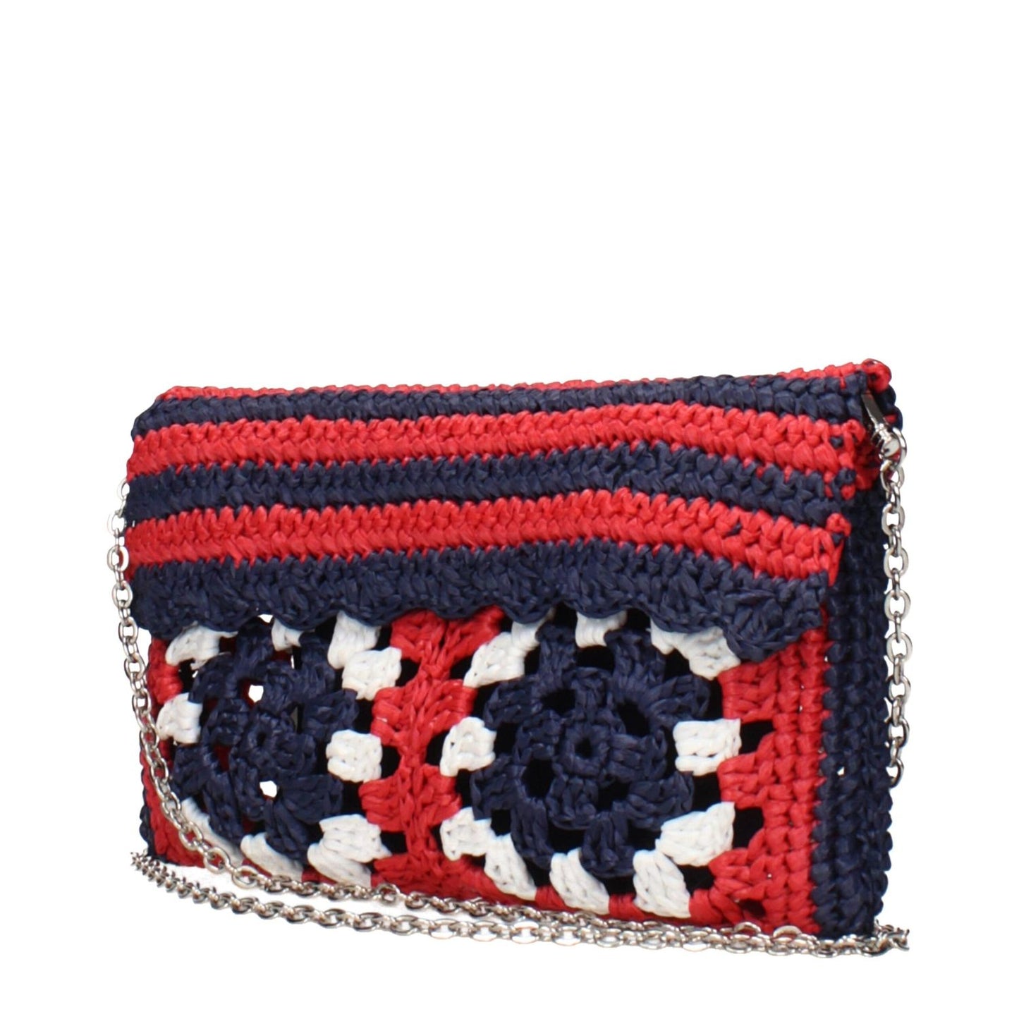 Miu Miu Multicolor Raffia Clutch Bag with removable shoulder strap, featuring a red, blue, and white crochet design.