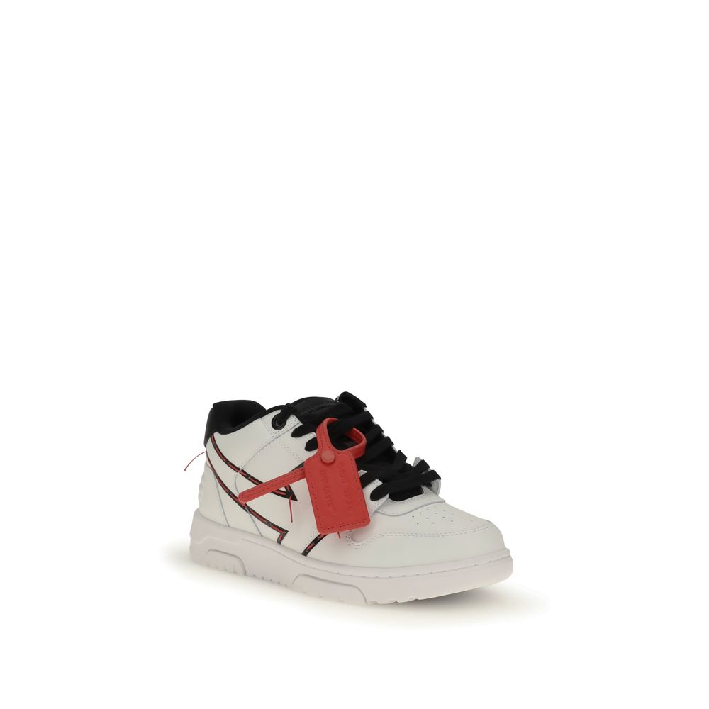 Off-White White Rubber Low Top Sneakers with arrow logo and lace-up closure, front view showcasing urban-chic design and breathable perforation.