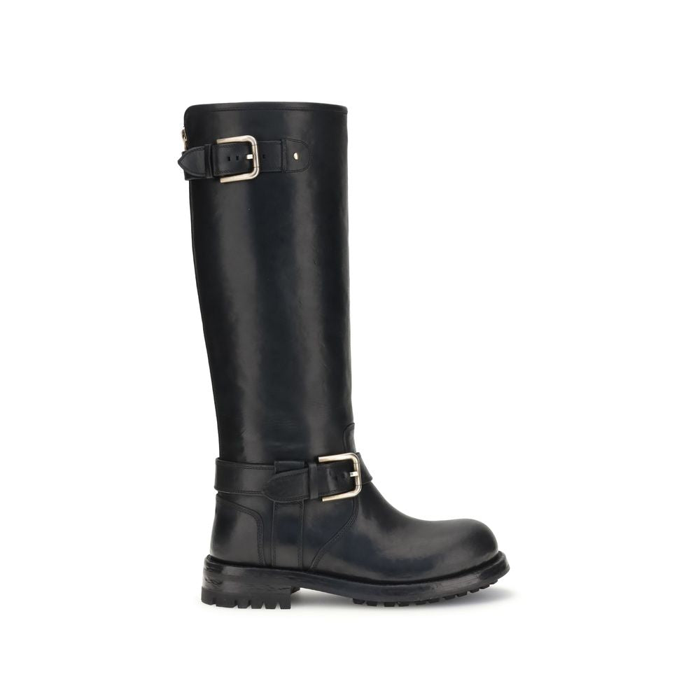 Dolce & Gabbana Black Calf Leather Bos Taurus Lace-Up Boots with gold buckle, side view, stylish and durable biker boots.