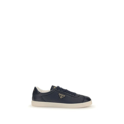 Prada Blue Calf Leather Bos Taurus Low Top Sneakers with embossed logo, lace-up closure, and padded ankle for comfort.