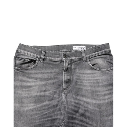 Dolce & Gabbana Grey Cotton Denim Slim Fit Distressed Pants Jeans