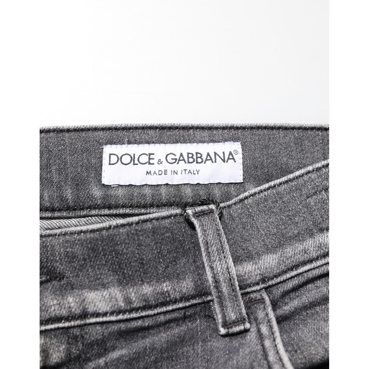 Dolce & Gabbana Grey Cotton Denim Slim Fit Distressed Pants Jeans