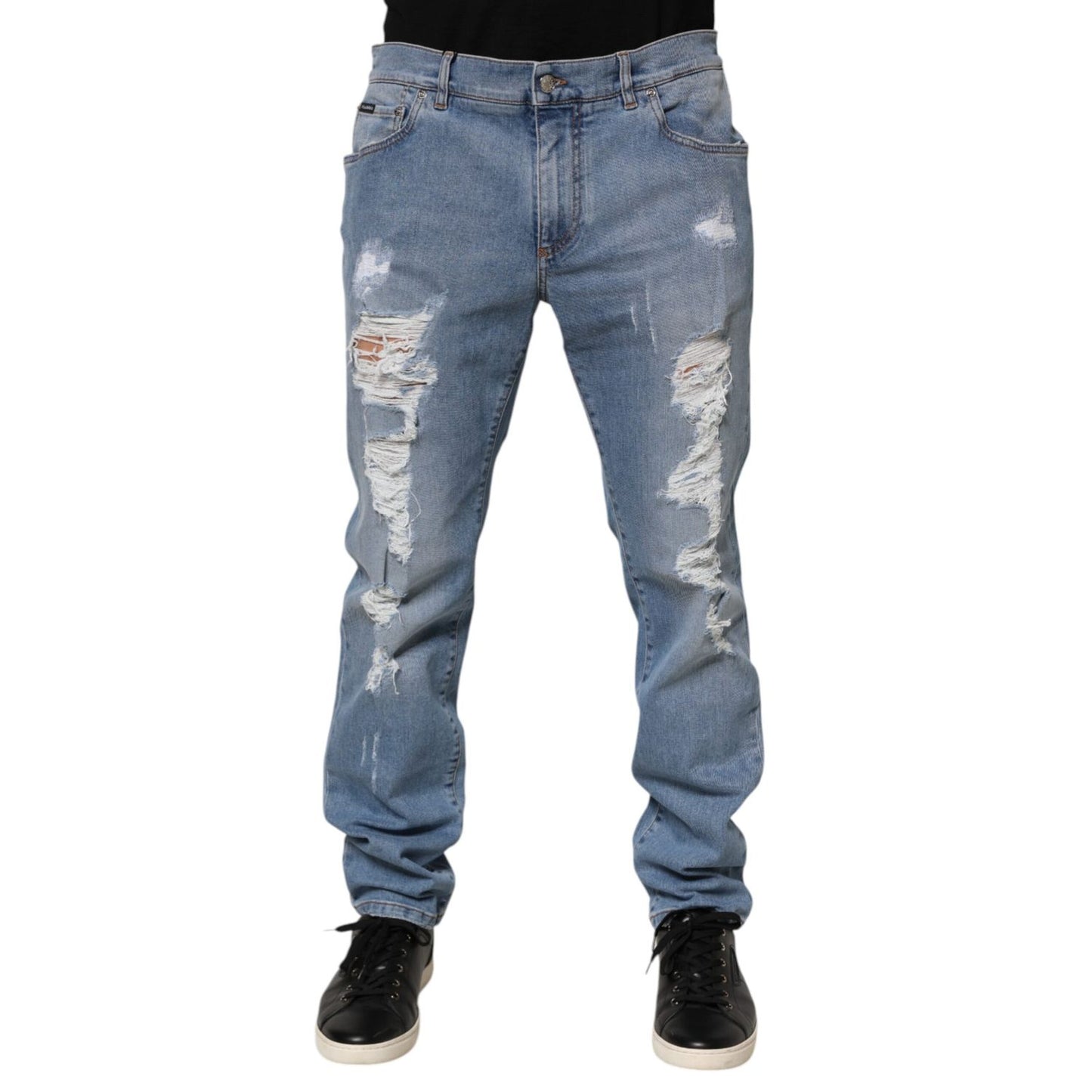Dolce & Gabbana Blue Tattered Slim Fit Cotton Denim Jeans