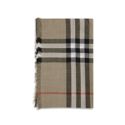 Burberry Beige Wool Scarf with check pattern, crafted in Italy from wool and silk blend, featuring fringed edges for elegant style.