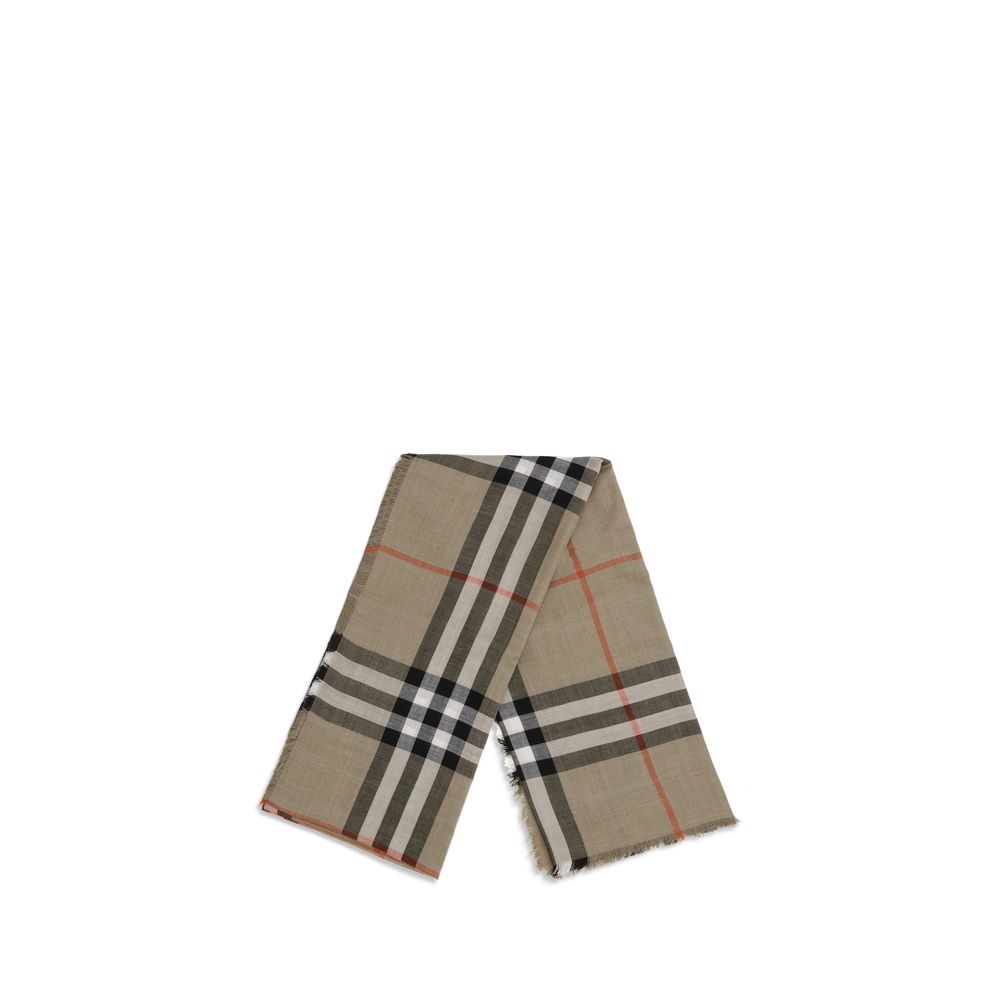 Burberry Beige Wool Scarf with check print, reversible design in wool and silk, featuring fringed edges for elegance and versatility.