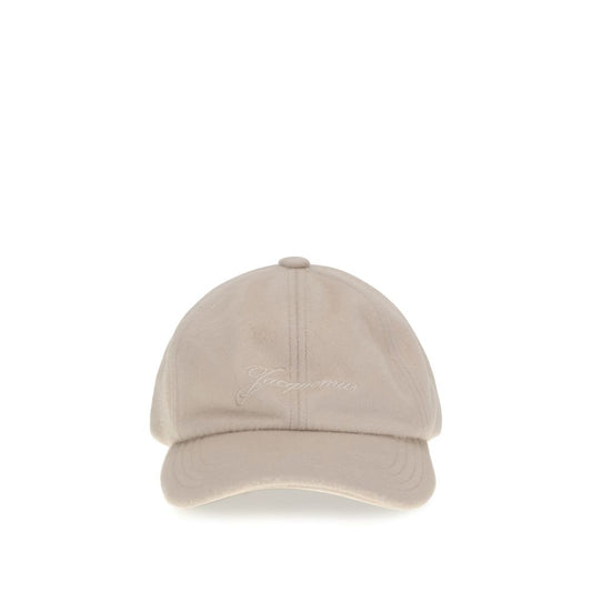 Jacquemus Beige Wool Cap (Baseball Hat) with embroidered logo, stitched brim, and adjustable buckle, crafted from soft wool for AW25 collection.
