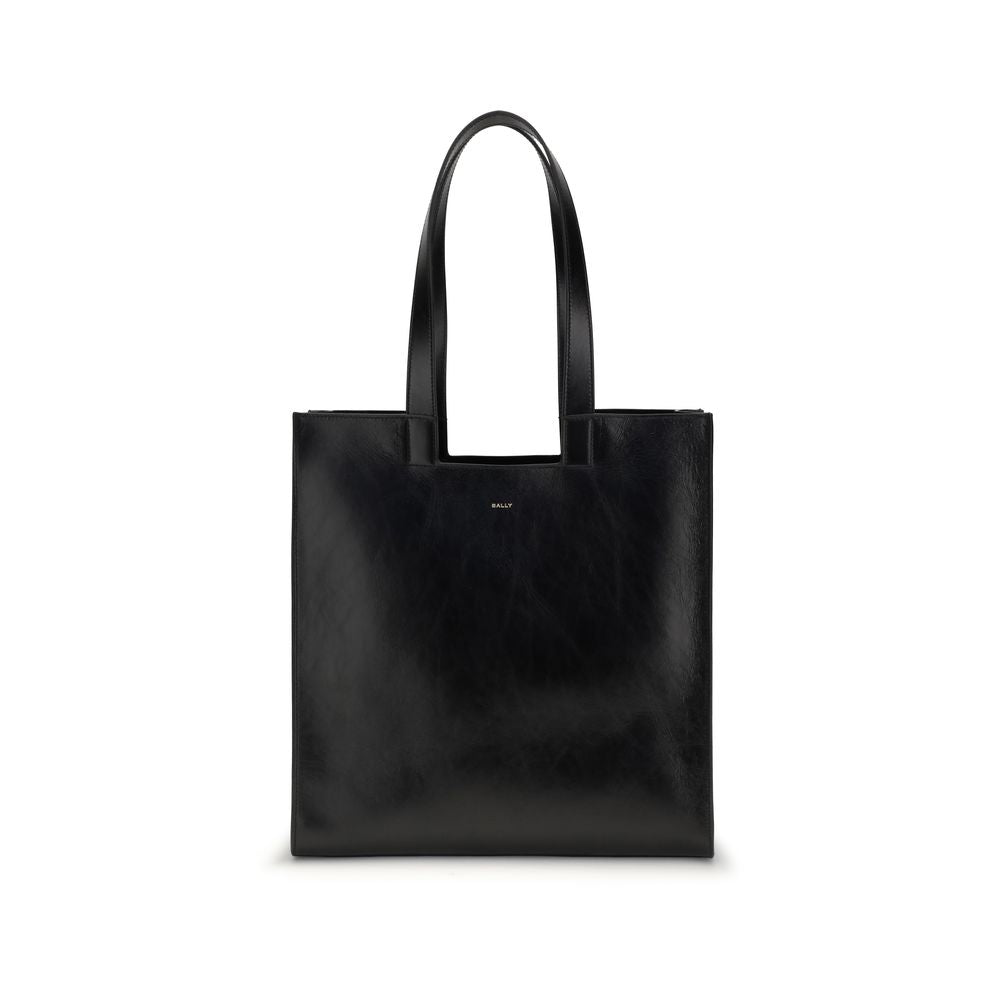 Bally Black Calf Leather Bos Taurus Shoulder Bag with gold logo and versatile design, showing front view with handles.