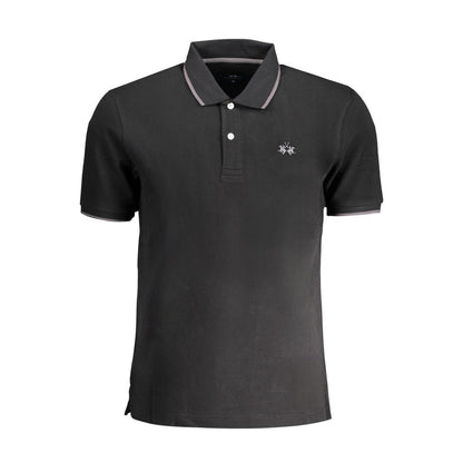 La Martina Black Cotton Polo Shirt with short sleeves, regular fit, 2 buttons, contrasting details, embroidery, and logo.