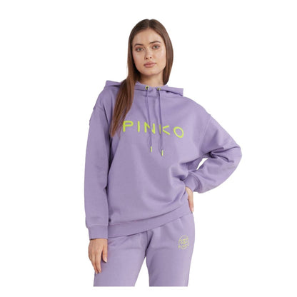 Woman wearing PINKO Purple Cotton Women Sweater with bold logo, showcasing chic style and comfort in luxury fashion.