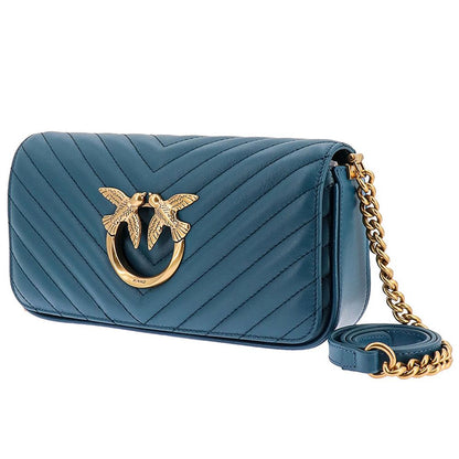 PINKO Blue Calfskin Women Crossbody Bag with matelassé finish and bird detail, featuring a removable leather and metal strap.