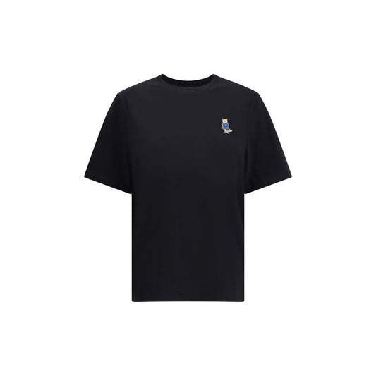 Maison Kitsuné Black Cotton T-Shirt with embroidered dressed fox patch, ribbed crew neck, 100% cotton, regular fit.