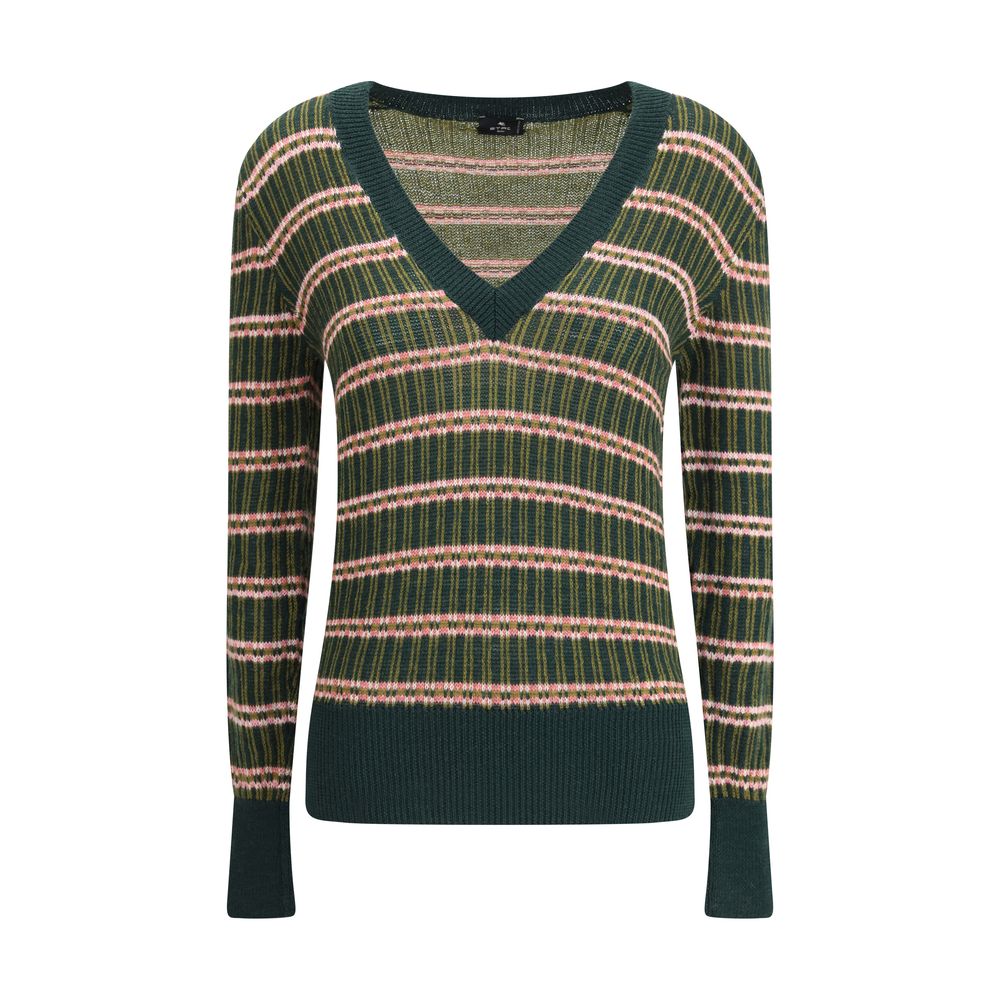 Etro Green Wool Sweatshirt with multicolored jacquard pattern, V-neckline, slim fit, long sleeves, ribbed trim, AW25 collection.