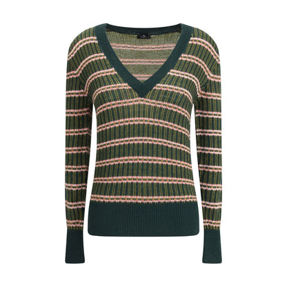 Etro Green Wool Sweatshirt with multicolored jacquard pattern, V-neckline, slim fit, long sleeves, ribbed trim, AW25 collection.