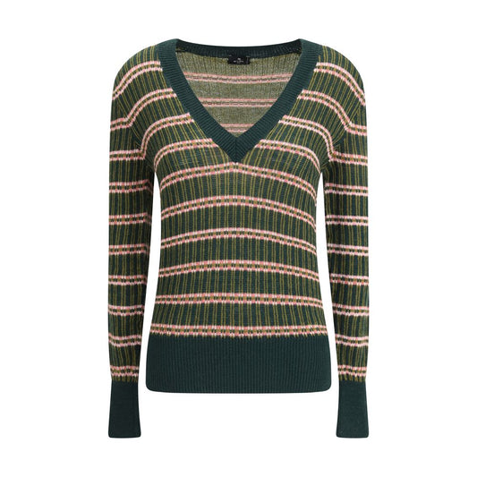 Etro Green Wool Sweatshirt with multicolored stripes, V-neck, and ribbed trim, showcasing a lively and refined autumn style.