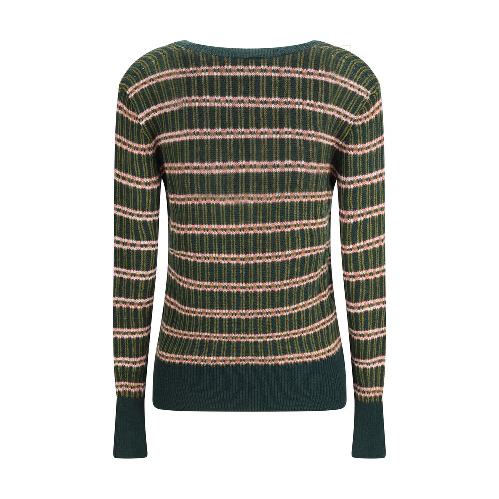 Back view of Etro Green Wool Sweatshirt with multicolored jacquard pattern and ribbed trim. Slim fit with V-neckline and long sleeves.