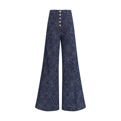Etro Blue Cotton Flared Jeans with jacquard pattern, fitted hips, Pegaso button, leather logo, AW25 fashion.