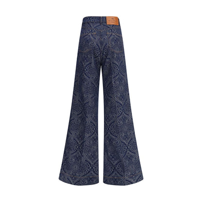Etro Blue Cotton Flared Jeans with jacquard pattern, fitted at the waist and flared from knee with Pegaso logoed leather back detail.