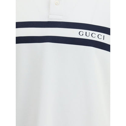 Gucci White Cotton Polo Shirt with black striped print and logo, regular fit, 95% cotton, 5% elastane, modern and distinctive look.