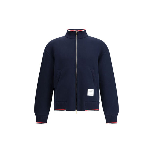 Thom Browne Blue Cotton Bomber with front zip, tricolor details, and logo patch for a modern, refined AW25 style.