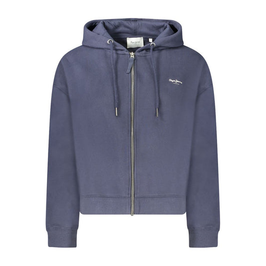 Pepe Jeans Blue Cotton Women Sweater with hoodie and zip closure, featuring stylish print and logo, made from sustainable cotton.