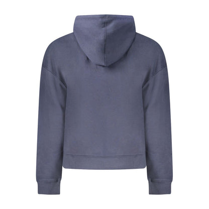 Back view of Pepe Jeans Blue Cotton Women Sweater with hood, showcasing sustainable cotton fabric and cozy long sleeves.