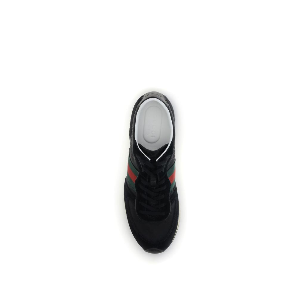 Top view of Gucci Black Polyamide Athletic Sneakers featuring green and red Web stripe, suede trim, and Interlocking GG logo.