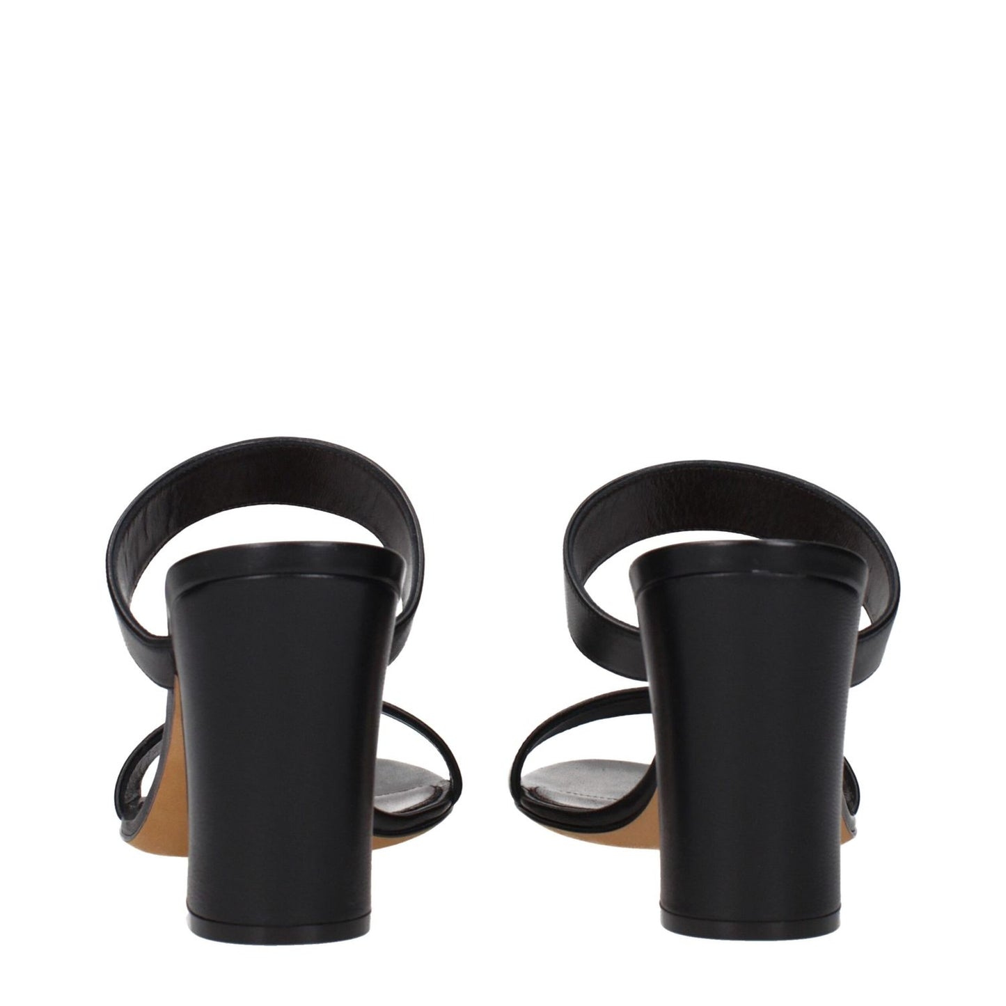 Back view of The Row Black Leather Stiletto Heel Sandals with wide straps and sturdy heels, MPN F1595SL3BLK, stylish and elegant design.