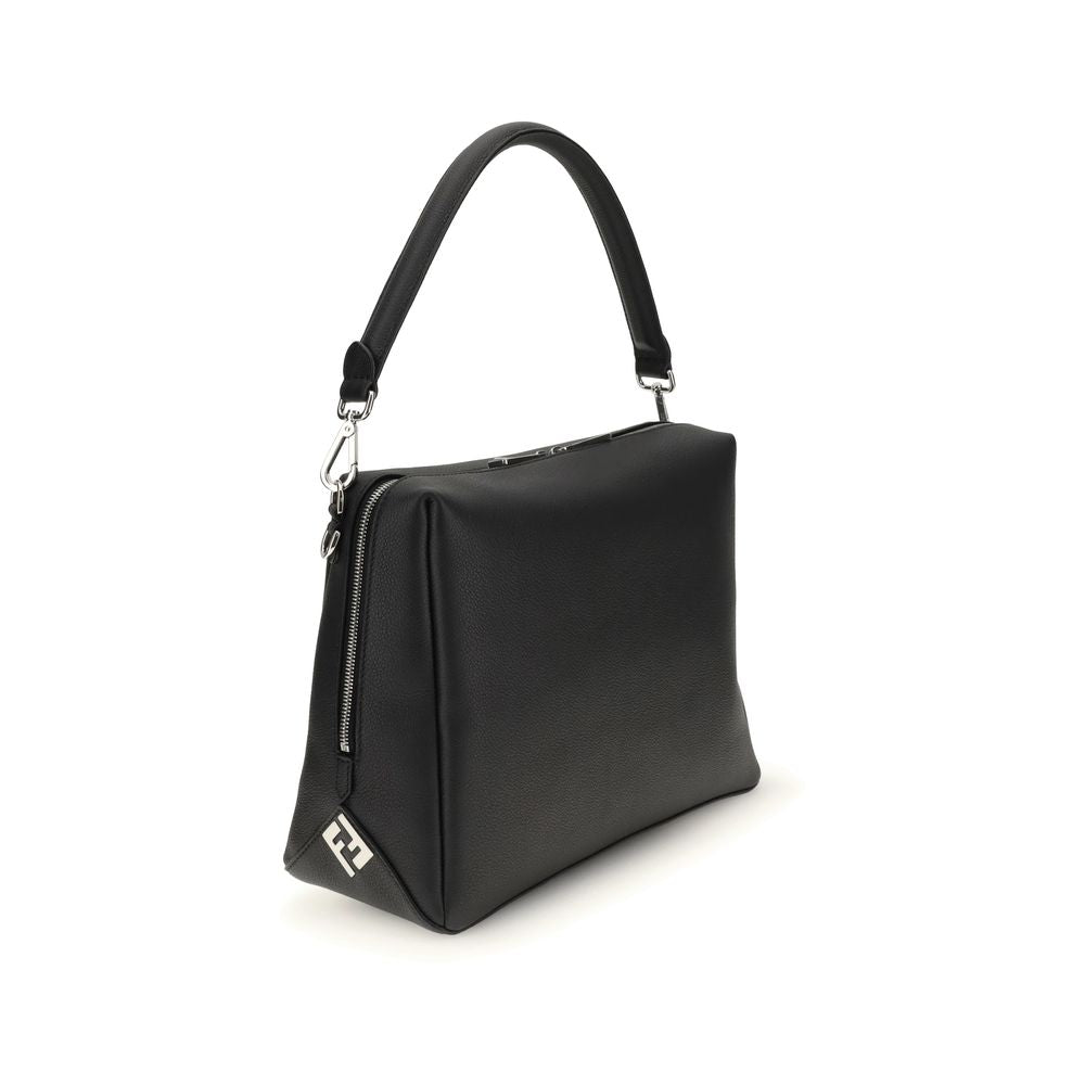 Alt Tag: Fendi Black Calf Leather Bos Taurus Shoulder Bag with FF metal accents and palladium-finish hardware, side view.