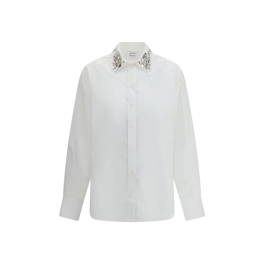 Alexander McQueen White Cotton Dress Shirt with embellished collar for formal and contemporary looks, AW25 collection, 100% cotton.