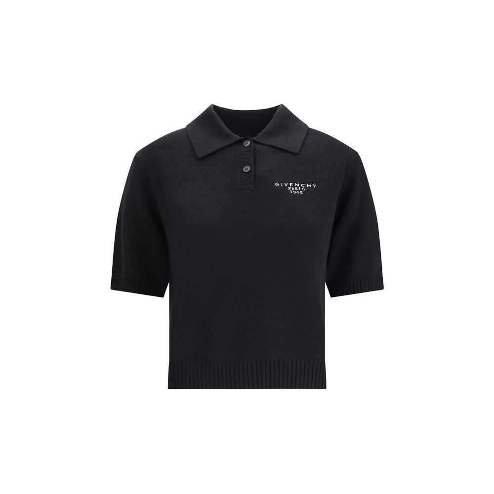 Givenchy Black Wool Polo Shirt with logo embroidery, short sleeves, and button-down collar, made from 70% wool and 30% cashmere.