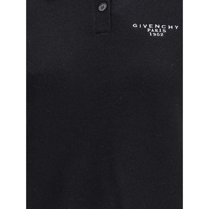 Givenchy Black Wool Polo Shirt with embroidered logo on front, crafted from wool and cashmere, featuring button-down collar and ribbed cuffs.